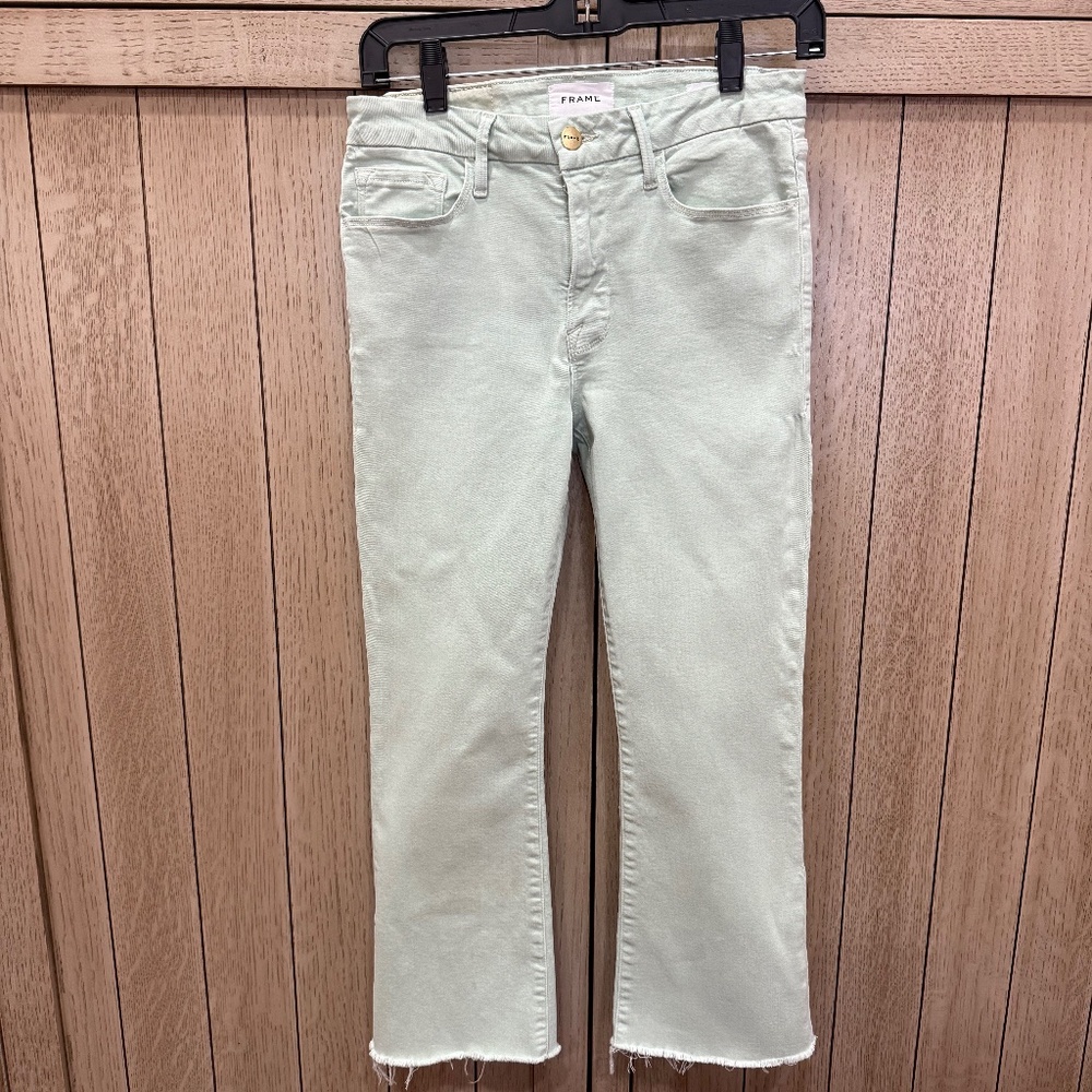 PAIGE Le Crop Mini Boot  Frayed jeans, soft green color, size 27